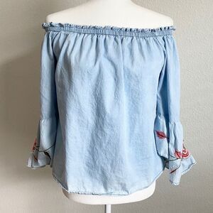 Speed Limit MPH Off the Shoulder Blue Chambray Embroidered Top Women’s M Boho